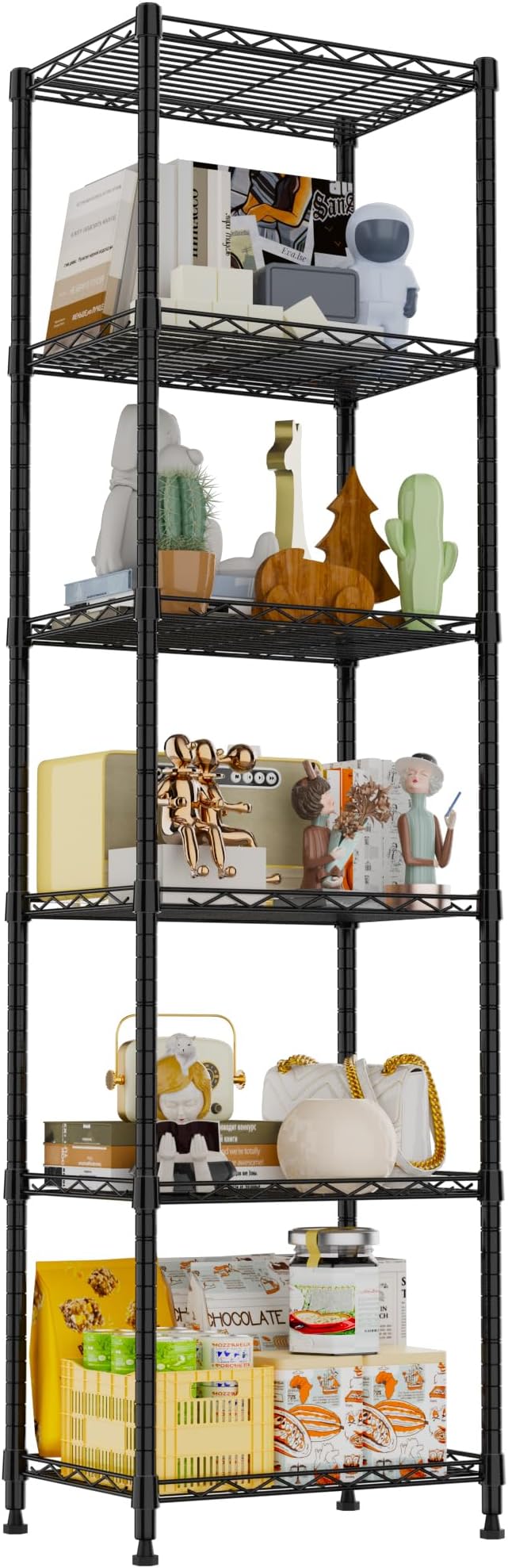 REGILLER 6 Wire Shelving Steel Storage Rack Adjustable Unit Shelves for Laundry Bathroom Kitchen Pantry Closet(Black,11.7" D x 16.8" W x 63" H)