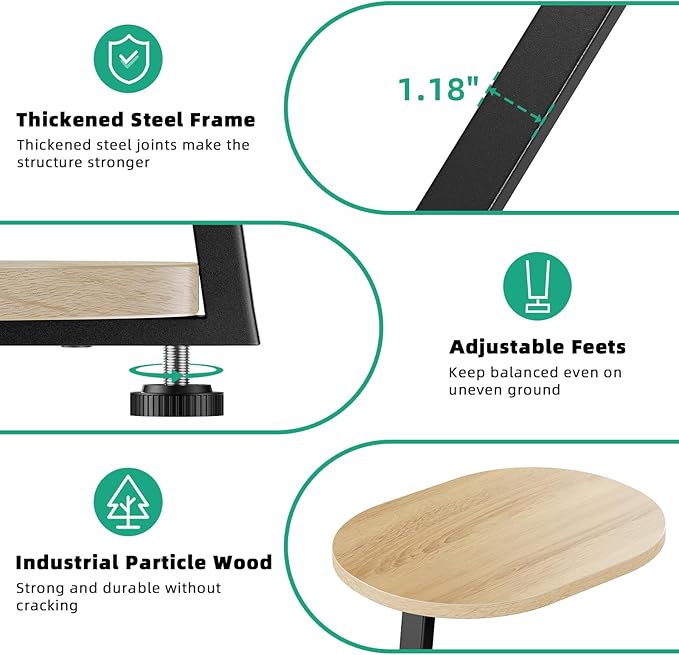 Side Table, Small End Table with Metal Frame, 3-Tier Bedside Tables, Round Side Tables for Living Room Bedroom Couch Bathroom, Oval, Modern Oak