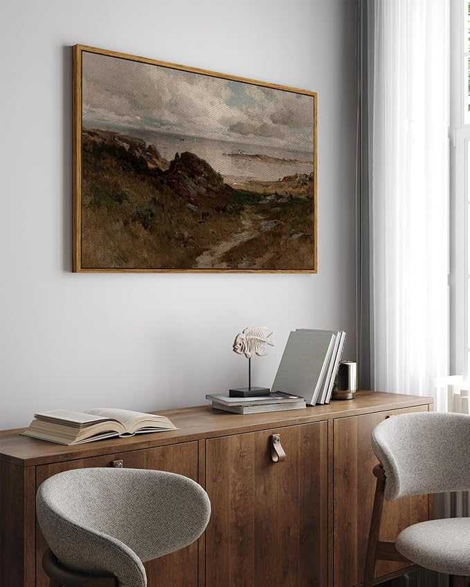 InSimSea Framed Canvas Wall Art Vintage Decor, Seaside Path Wilderness Landscape Paintings Artwork, Large Prints, Retro Wall Decorations for Living Room Bedroom Bathroom, 24"x36"