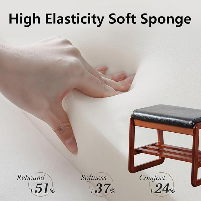 Solid Wood Shoe Bench, 2-Tier Wooden Entryway Bench, Modern Shoe Rack with Faux Leather Cushion for Hallway, Living Room (Black, 21.65'')