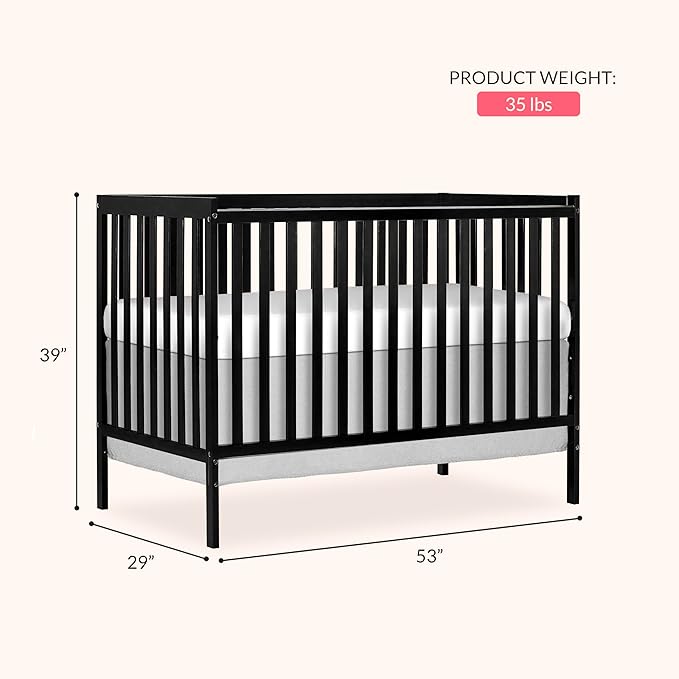 Dream On Me Synergy 5-in-1 Convertible Full-Size Baby Crib with Toddler, Day & Full Bed Conversion in Black, GreenGuard Gold & JPMA, 3 Mattress Heights, Sustainable Pinewood
