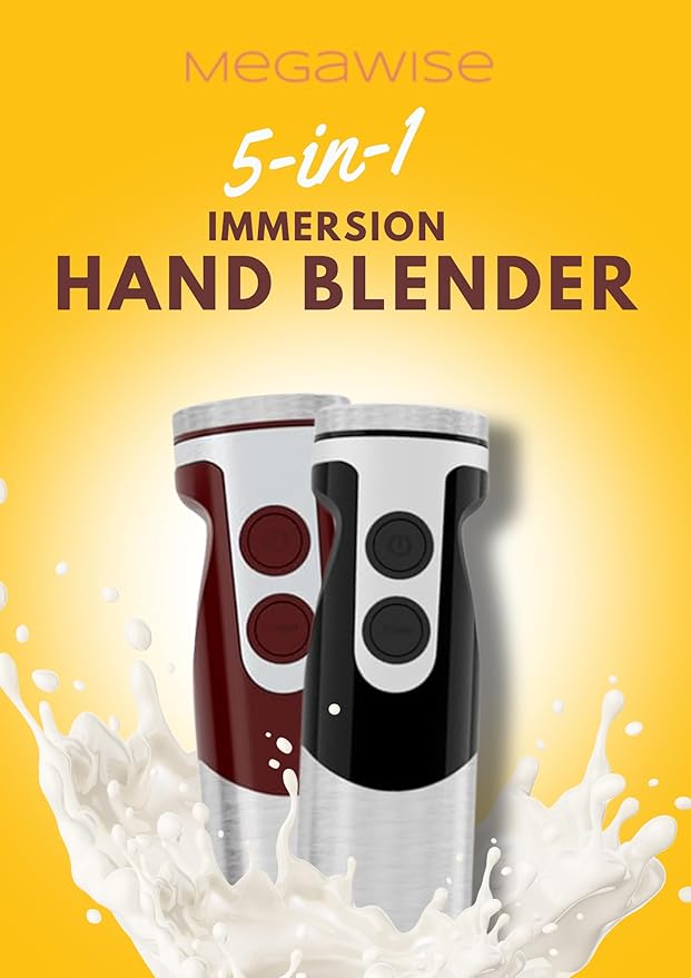 MegaWise 3-in-1 Hand Blender Set with Variable Speed Control, 400W Immersion Blender - Includes Whisk, Milk Frother, Chopper, and Beaker for Smoothies, Soups, and Baby Food (RED)