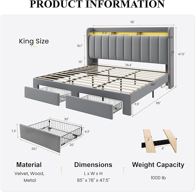 SHA CERLIN Velvet King Size Bed Frame with Vertical Channel Tufted Wingback Headboard & 2 Storage Drawers/2-Tier Shelves with LED Lights & Charging Station/Noise-Free/No Box Spring Needed/Light Grey