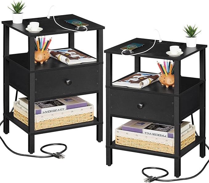 Lerliuo Nightstand Set of 2 with Charging Station and USB Ports, 3-Tier Storage End Table with Drawer Shelf, Night Stand for Small Spaces, Wood Bedside Table for Living Room, Bedroom - Classic Black
