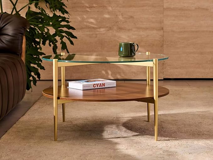 Shrine Round Glass Coffee Table, Mid-Century Modern Design, D30 x H17 in, 2-Tier Structure, Clear Glass Top and Walnut MDF Shelf, Sleek Conical Metal Legs with Gold Finish