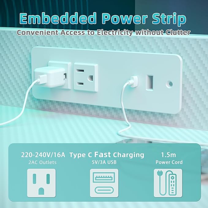 TIQLAB Gaming Desk 47 inch with Power Outlet and LED Light, Computer Desk with Reversible Shelves and Storage Drawer, Small PC Desk for Home Office Table with Bag, Carbon Fiber White