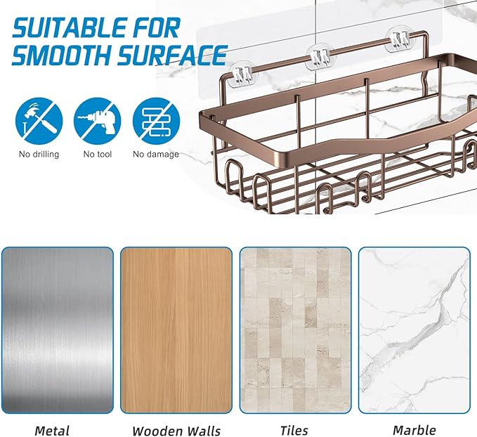 Adhesive Shower Caddy, No Drilling Bath Organizers 5 Pack, Rustproof Shelves with Soap Holder & Toothbrush Holder, Bathroom Organizers and Storage, Bronze