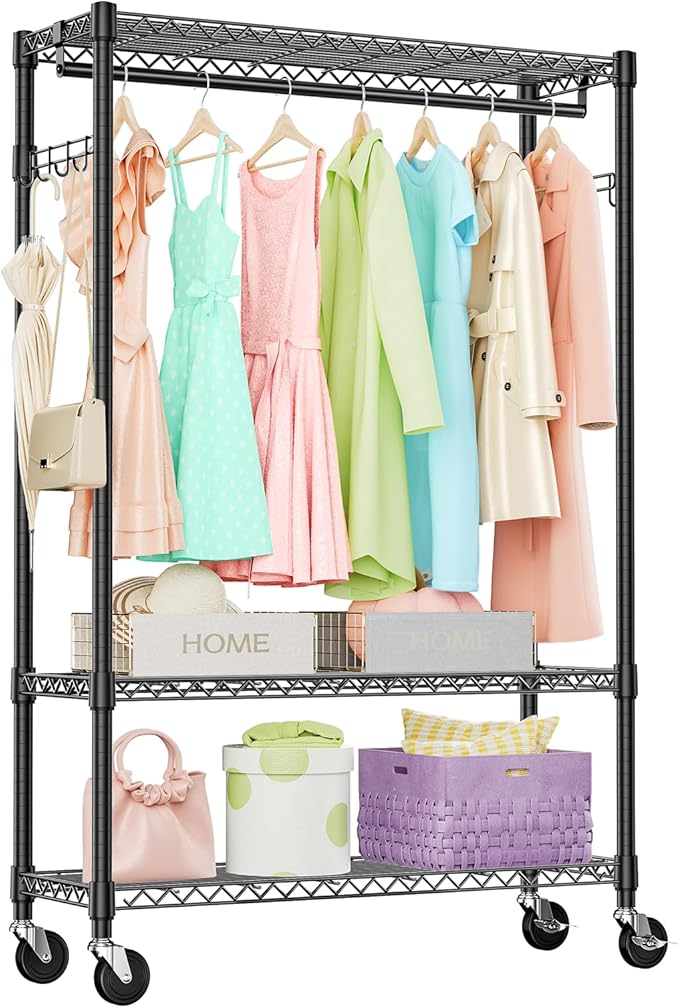 IZEUK Rolling Clothes Rack Heavy Duty, 3-Tier Garment Rack on Wheels for Hanging Clothes with 1 Rod, Metal Freestanding Adjustable Wardrobe Closet Organizer, 45.3" W x 15.7" D x 75.6" H, Black