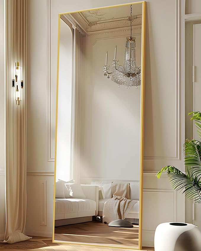 Antok Full Length Mirror, 58"x18" Floor Mirror with Stand, Hanging Mounted Mirrors for Bedroom, Living Room, Cloakroom, Dining Room, Gold, Rect