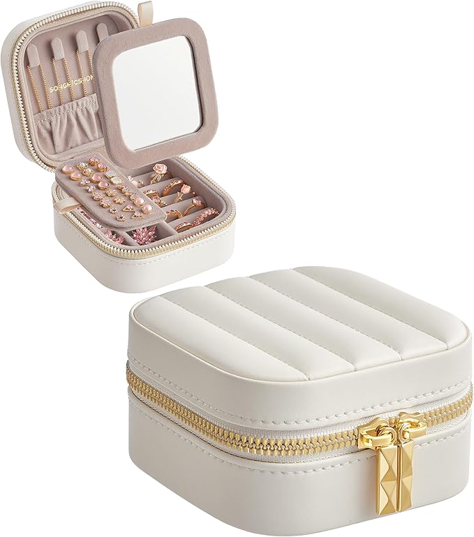 SONGMICS HOME Travel Jewelry Case, Small Jewelry Box Organizer with Mirror, 4.1 x 4.1 x 2.4 Inches, PU Surface with Stitching, Portable, Cloud White, ANAH Collection UJBC179W01