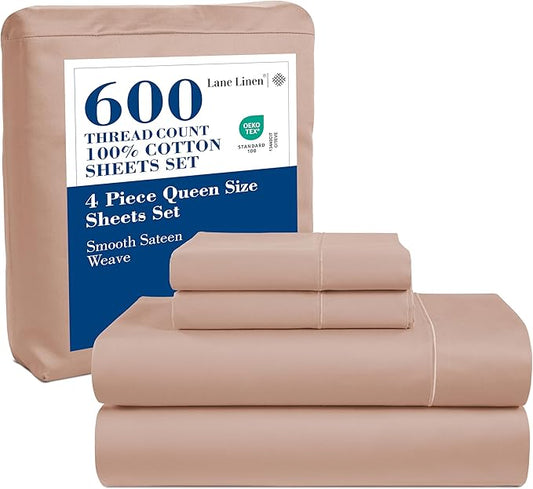 LANE LINEN Queen Sheet Sets – Natural 100% Cotton 600 Thread Count Cooling Sheets Queen, Soft Comfort for Restful Sleep, Easy Care & Machine Washable for Everyday Use, 15" Deep Pocket – Sepia Rose