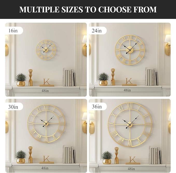 Gold Wall Clock 16 Inch Metal Decorative Clock for Living Room, Battery-Operated Completely Silent Non Ticking Round Modern Wall Clock -Roman Number