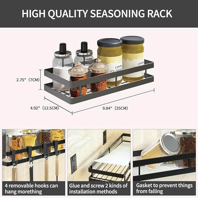 Spice Rack Organizer Wall Mount, 10" Hanging Black Spice Organizer Shelf, Farmhouse Seasoning Organizer, Space Shelves Holder for Kitchen, Flexible Bathroom Organizer (2 Pack)