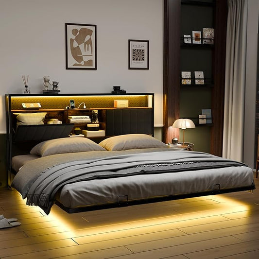VINGLI King Size Floating Bed Frame with LED Lights and Charging Station, Cozy Hidden Storage Velvet Upholstered Headboard,No Box Spring Needed,Easy Assembly,Black