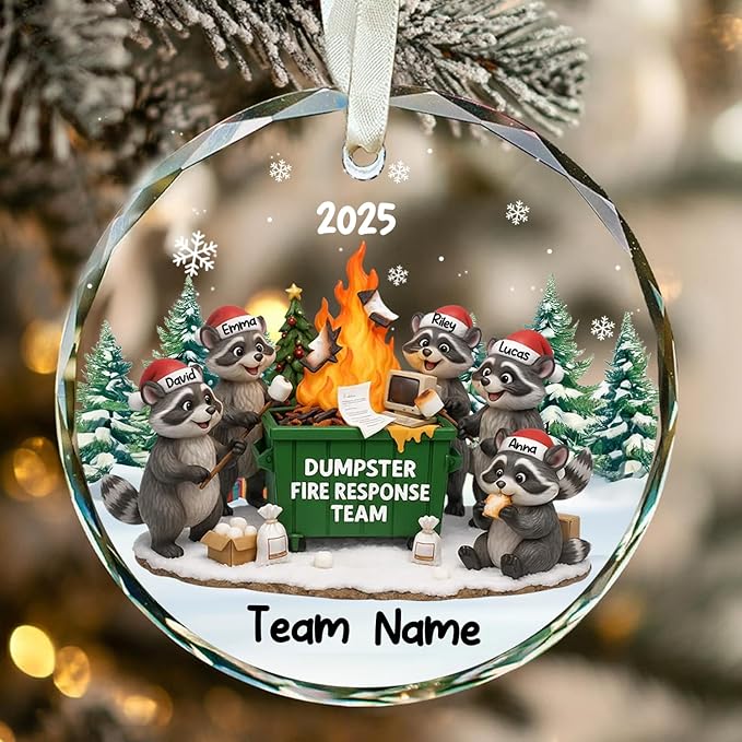 NAZENTI Personalized Funny Raccoon Fire Response Ornament, Custom Burning Dumpster Holiday Decoration, Coworker Christmas Glass Hanging Gift
