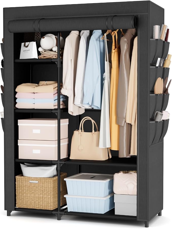 Portable Closets for Hanging Clothes, Wardrobe Closet with Hanging Rod and Clothing Storage Shelves, 8 Side Pockets, Free Standing Clothes Rack with Cover, for Bedroom and Dorm, Black