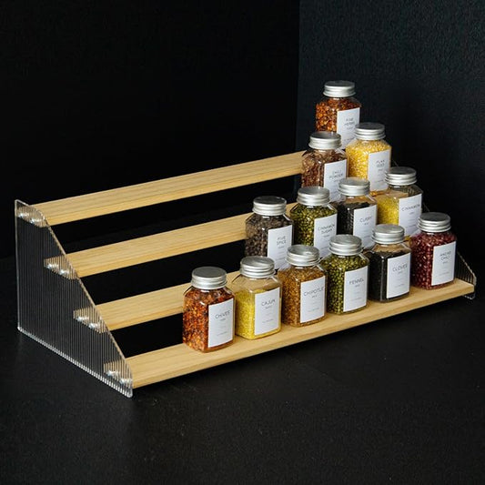 nianfeng Tiered Spice Rack, 4-Tier Spice Pantry Kitchen Cabinet Organizer, 19.9-Inch, Natural Wood Acrylic Stair Riser Stand, Countertop Seasoning Shelf