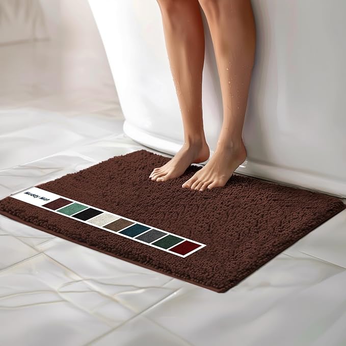 Muddy Mat Chenille Bathroom Rugs Quick Dry Microfiber Mats Non Slip Washable, Extra Thick, Soft and Highly Absorbent Bath Mats for Bathroom, Kitchen, and Shower Floor - Brown Large 35"X24"