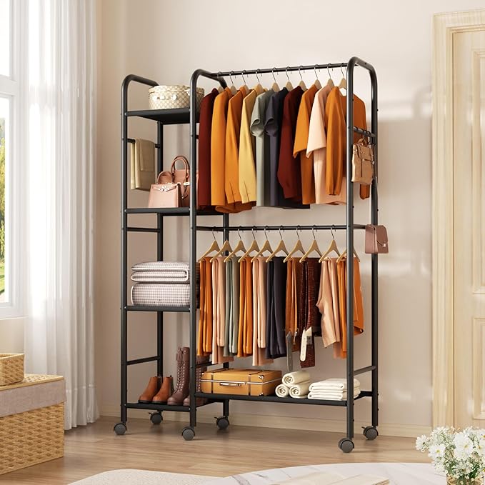 Portable Closets For Hanging Clothes,Wardrobe Closet Racks For Hanging Clothes,Sturdy Clothes Rack Heavy Duty,4-Tier Metal Freestanding Clothing Racks With Shelves, 45" X 16" X 69"