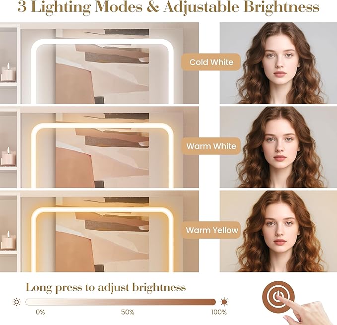 Vanity Desk with Mirror and Lights, Pink Makeup Vanity with Charging Station, Dressing Table Set with Storage Chair, Drawer Shelves, and Foldable Panel for Compact Space Bedroom (White)