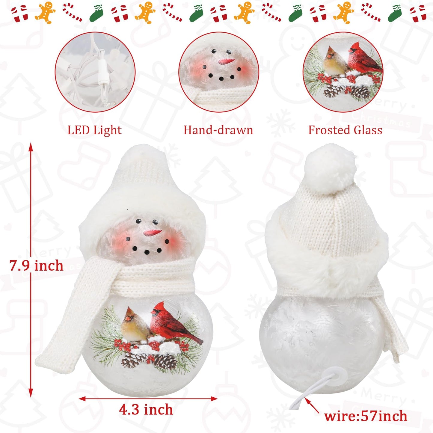 VCUTEKA Crackle Glass Snowman Lamp, Lighted Stained Glass Christmas Decoration with Red Cardinals, White Scarf and Hat, LED Holiday Night Light for Xmas Home Décor or Gift