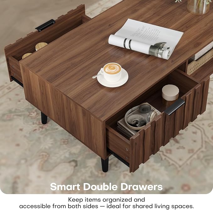 Mid Century Modern Coffee Table with Grooved Drawers & Open Storage, 47" MDF Walnut Wood Center Table with Black Solid Wood Legs, Retro Living Room Furniture