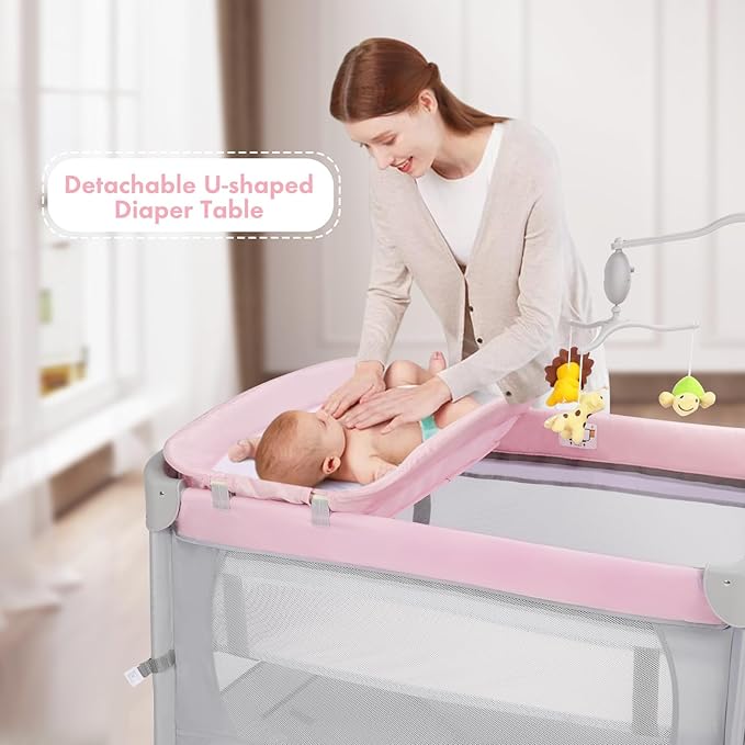 SIMPLGIRL 5-in-1 Baby Bassinet Bedside Crib, Pack and Play Long Next to Bed Crib with Toys & Music Box, Mattress, Foldable Playard, Playpen Travel Bed Nursery Center for Infant Newborn