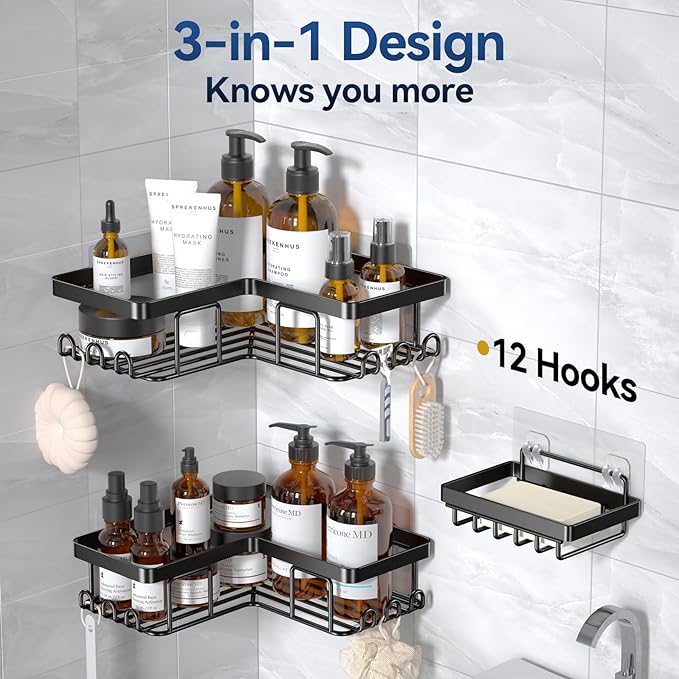 YASONIC Corner Adhesive Shower Caddy, with Soap Holder and 12 Hooks, Rustproof Stainless Steel Bathroom Organizer, No Drilling Wall Mounted Rack, Black, 3-Pack