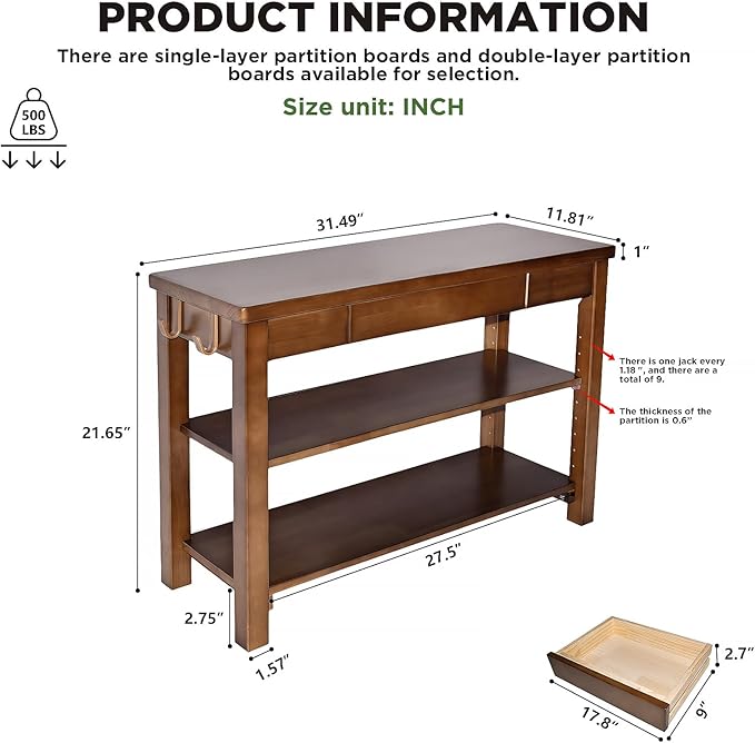Wood Shoe Bench Entryway with Drawer: 2-Tiers Wooden Storage Shoe Rack with Bench Seat, Compact Mid-Century Modern Design for Entryway, Hallway,Closet,Front Door Entrance,Foyer Walnut 31.5"
