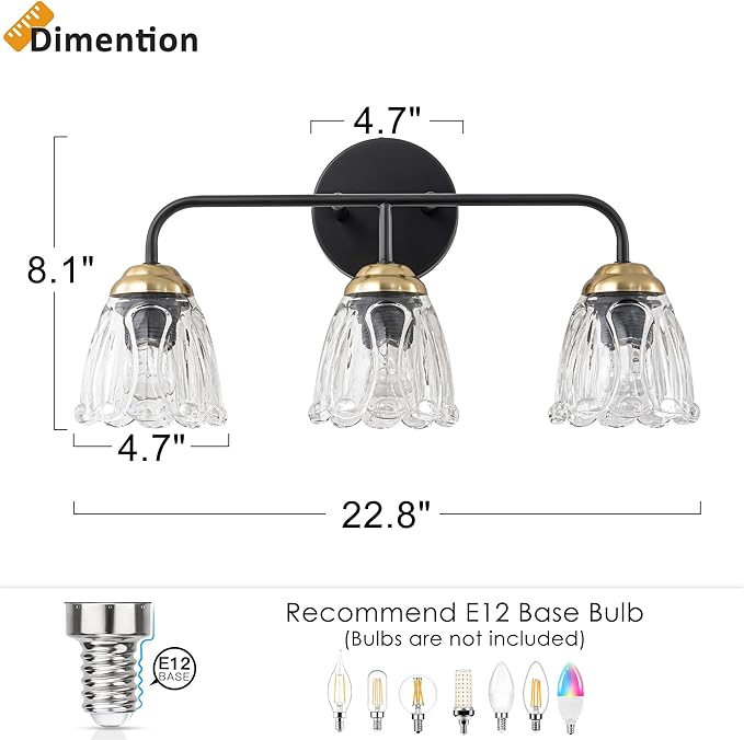 3-Light Black and Gold Bathroom Vanity Light, Thickened Glass Shade Wall Sconce, E12 Base Vanity Lighting Fixture for Mirror Cabinet Makeup Dressing Table
