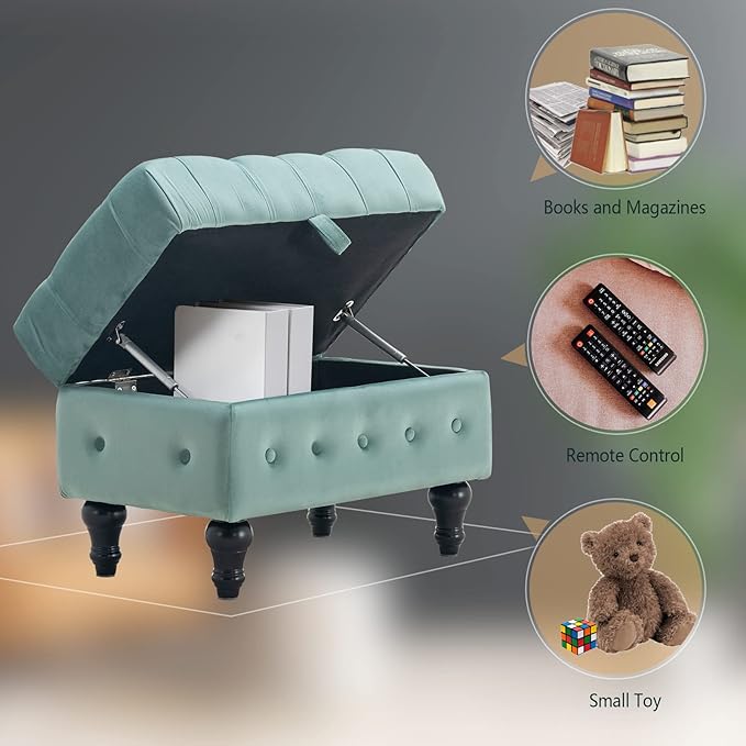 Artechworks Rectangular Storage Coffee Table Ottoman,Button Tufted Velet Upholstery Footstool Bedroom Ottoman for Living Room, Home Office, Space-Saving Storage Toy Box Stool, Light Blue