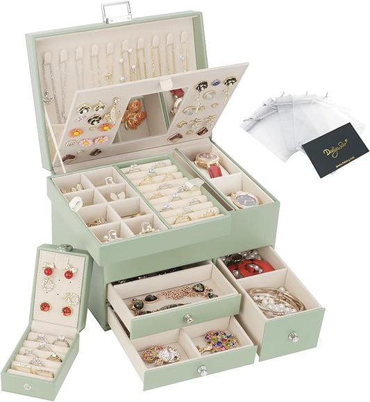 Jewelry Organizer Box, 3 Layers Large Jewelry Box with Travel Jewelry Case and Removable Tray, Jewelry Storage Case with Mirror for Necklaces Earrings Rings Bracelets Watches (Avocado Green)