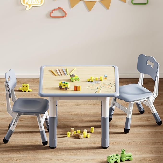 Brelley Kids Table and 2 Chairs Set, Height Adjustable Toddler Desk and Chair Set, Graffiti Desktop, Classroom/Daycare/Home, Children Multi-Activity Table for Ages 2-8
