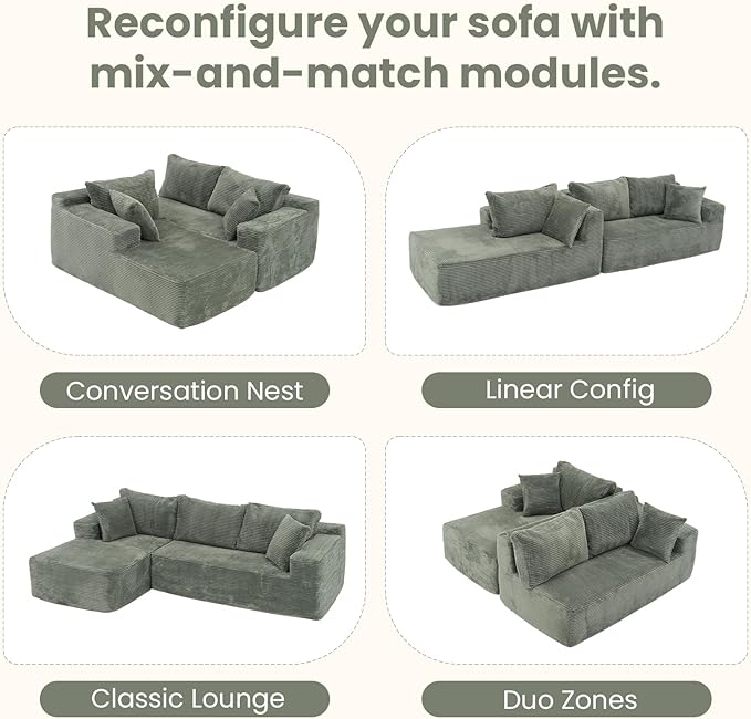 OC Orange-Casual 106.3" Cloud Sectional Couch with L-Shape Chaise,No Assembly Required Modular Sofa,Upholstered Boneless Couches for Living Room, Plush Corduroy Fabric (Green, Left Facing Chaise)