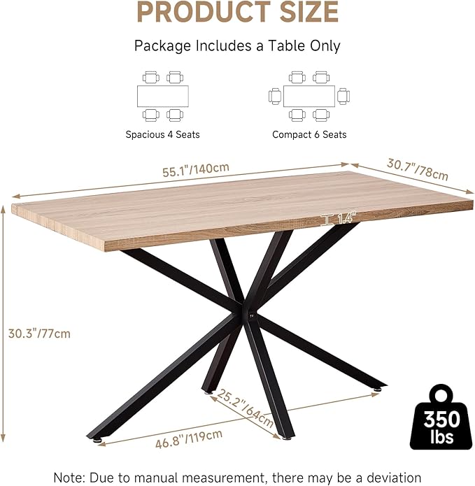 55.1 Inch Dining Table for 4 6 People Rectangular Wooden Kitchen Tables Mid Century Modern Dinner Table Long Dinning Room Table with Metal Cross Legs for Kitchen Living Room Comedor(Natural)