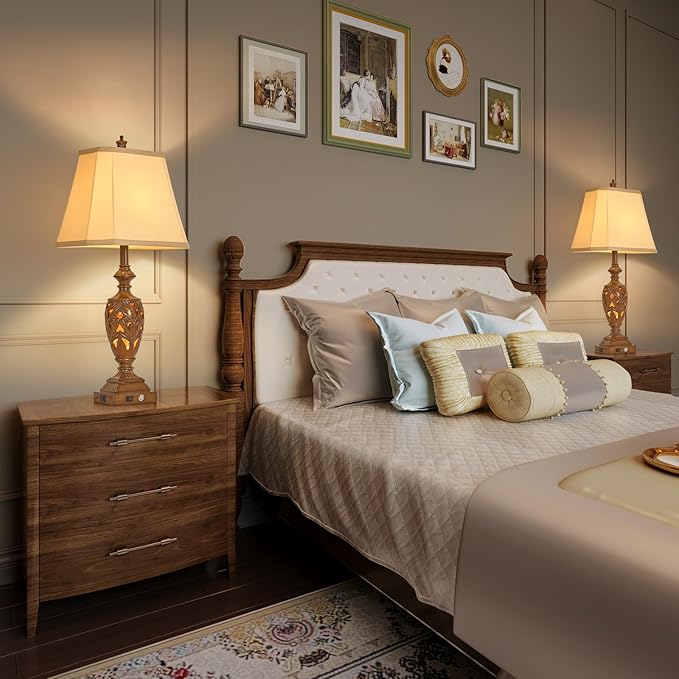 29.5"H Touch Control Traditional Table Lamp with Dual USB Ports, Set of 2, 3-Way Dimmable Hollow Out Leafwork Bronze Wood Finish Vintage Bedside Nightstand Desk Lamps for Living Room,Bedroom