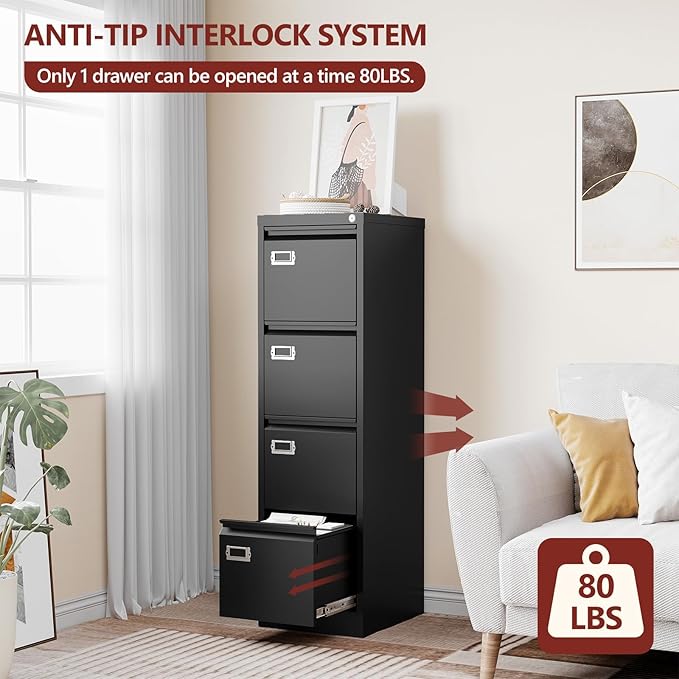 4 Drawer File Cabinet with Lock,Vertical Filing Cabinet for Home Office,Metal File Cabinets with Lock,Storage Files for A4/ Legal/Letter, Require Assembly, (Black)