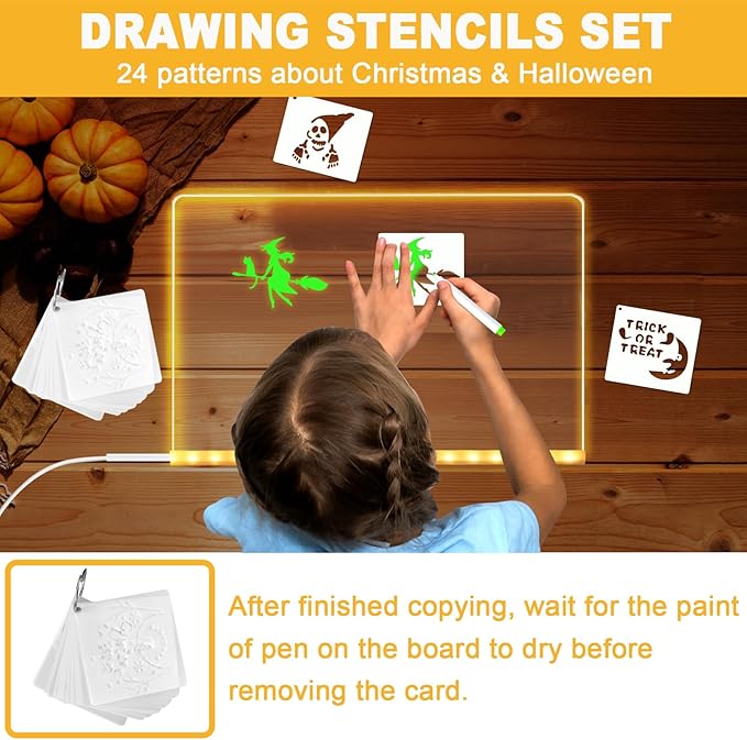 LED Acrylic Message Board, Light Up Acrylic Dry Erase Board 11.8x7.9” with Stand, LED Note Board with Colors for Kids, Glow Memo Message Writing Board with Light, Drawing Stencils Set Included