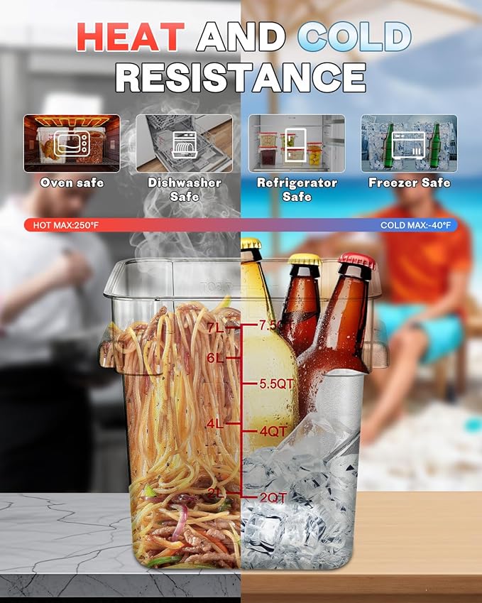 2QT NSF Food Storage Containers: 6 PCS [Food Grade][Hot&Cold Resistant] Commercial Clear Square Food Storage Containers with Scales Handles for Home Restaurant Kitchen Proof Dough(BPA FREE)