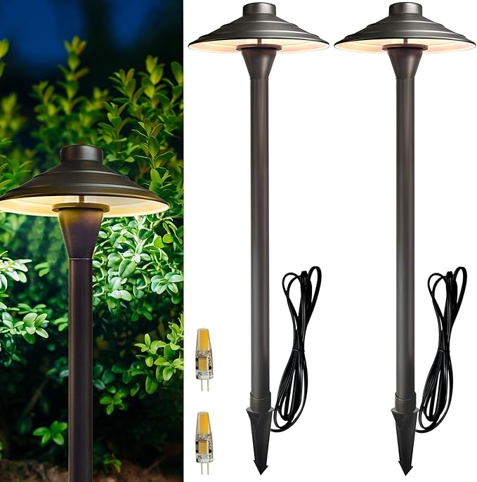Solid Cast Brass Pathway Lights, 12V Low Voltage Landscape Lighting LED Path Lights with G4 Bulb for Outdoor Walkway, Garden, 23" Tall, 7.5" Shade