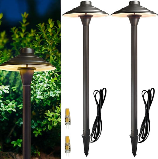 Solid Cast Brass Pathway Lights, 12V Low Voltage Landscape Lighting LED Path Lights with G4 Bulb for Outdoor Walkway, Garden, 23" Tall, 7.5" Shade