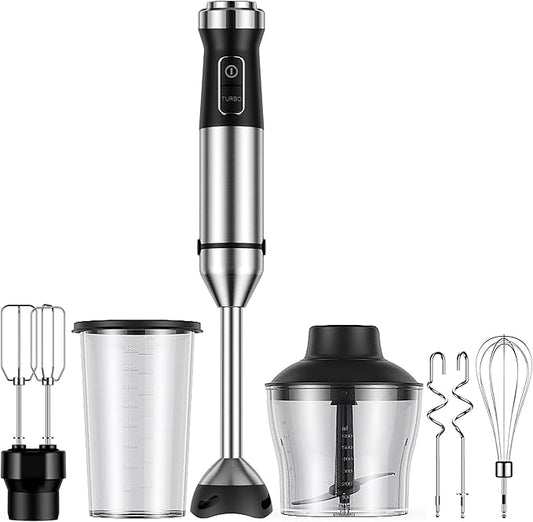 6-in-1 Immersion Blender, 1000W Hand Blender with 20 Speeds, Scratch-Resistant Stick Mixer with Whisk, Chopper, Beaker, Egg Beaters & Dough Hooks – Heavy Duty Hand Mixer, Black
