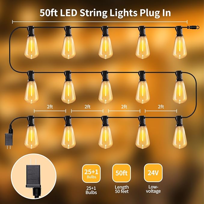 50ft LED String Lights with Remote, 25+1 Bulbs Dimmable String Lights for Outside, ST38 Patio Lights Outdoor Waterproof, Decorative Hanging Lights for Deck, Garden, Backyard