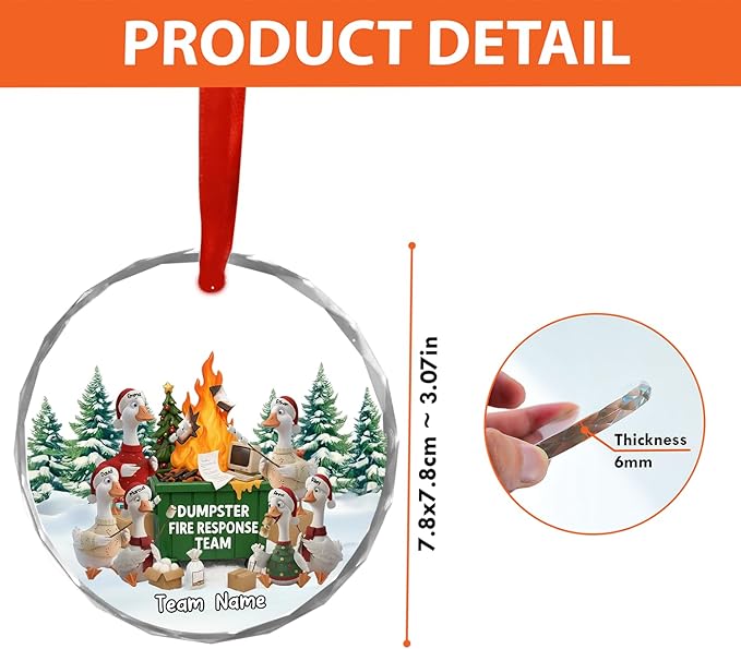 NAZENTI Personalized Funny Goose Fire Response Team Glass Ornament, Custom Flaming Dumpster Holiday Piece, Coworker Christmas Tree Hanging Decoration