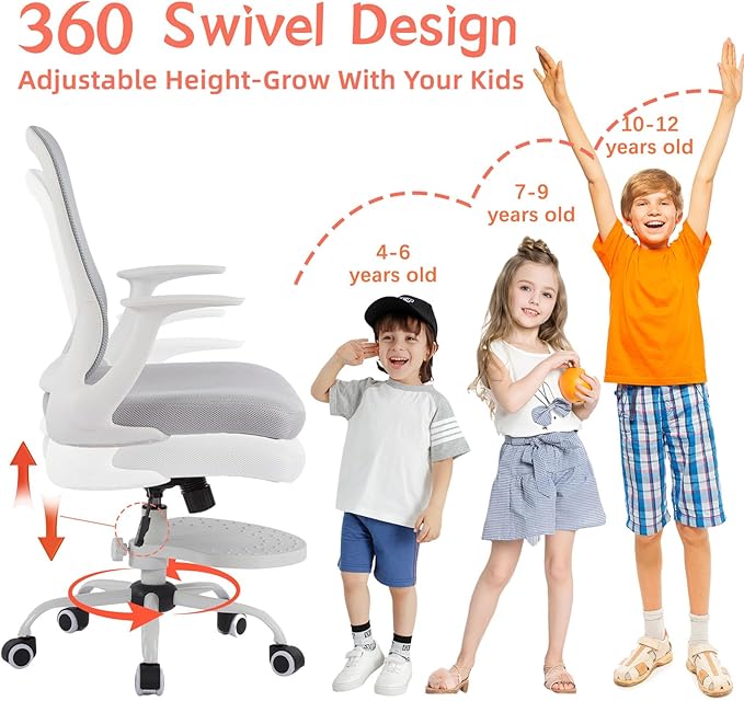 Kids Desk Chair Ergonomic Study Chair Swivel Mesh Desk Chair with Adjustable Arm Height Footrest Wheel Computer Home Office Chair for Children Boys Girls Students Bedroom School Age 5-13 Pink