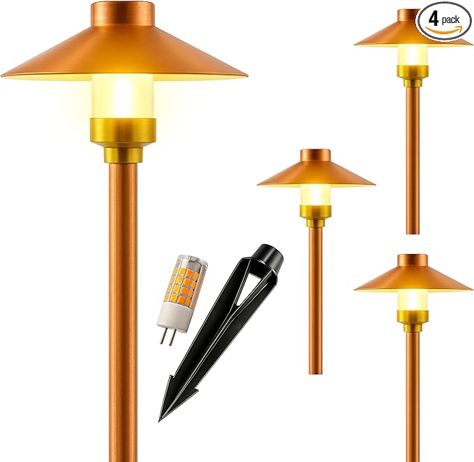LED Pathway 126 Landscape Light (4 Pack) 12V Solid Copper Low Voltage 4W G4 LED Light Bulb Included Outdoor Mushroom Security Garden Patio Area Light for Beautiful Bright Long Lasting