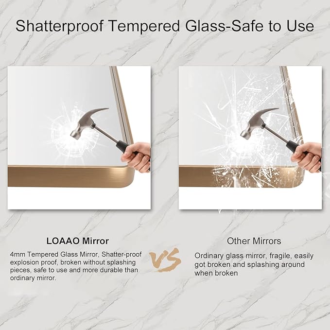 LOAAO 40”X36” Gold Bathroom Mirror, Rounded Rectangle Gold Frame Mirror, Brushed Gold Bathroom Vanity Mirror Wall-Mounted, Anti-Rust, Tempered Glass, Hangs Horizontally or Vertically