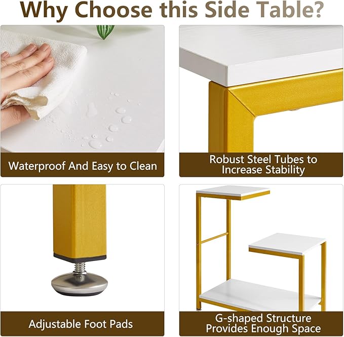 G-Shaped End Table for Living Room, Bedroom, Sofa Table Corner Tables, Nightstand, Balcony Flower Stand, Side Table White YD-TM053W