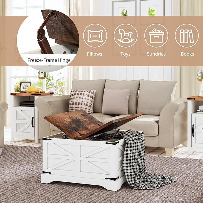 oneinmil Farmhouse Coffee Table with Storage Organizer, Square Coffee Tables with Large Storage Space, Center Table for Living Room, Bedroom, Home Office, White