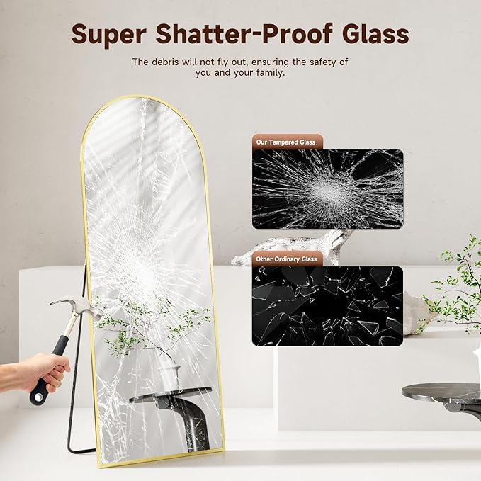 Arched Full Length Mirror 71"x28", Gold Tempered Glass Wall Hanging Mounted Body Length Mirrors with Stand, Large Floor Aluminum Alloy Thin Frame